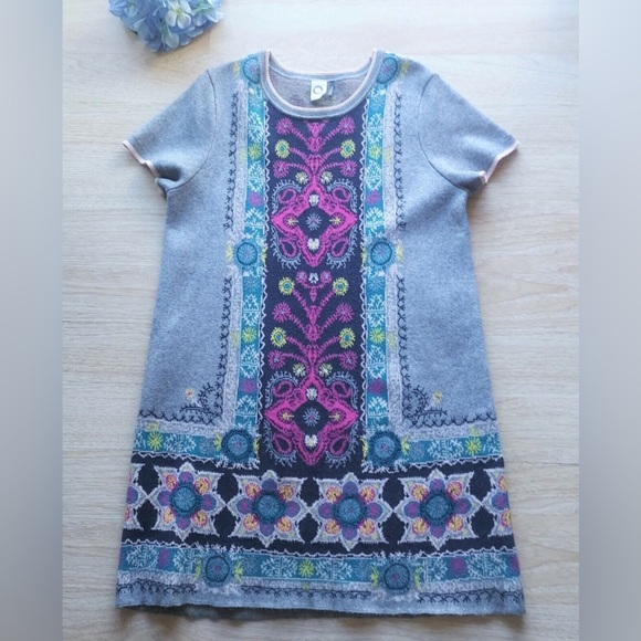 Akemi+Kin Anthropologie Kaleidoscope Sweater Dress Short Sleeve Floral Grey Sz.L - Picture 8 of 12